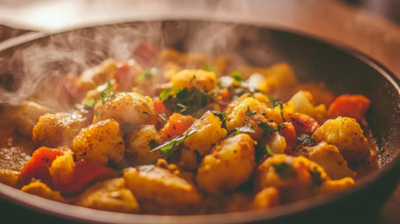 A beautifully cooked vegetable dish featuring cauliflower and colorful peppers, with steam rising, showcasing a delicious and healthy meal.の素材