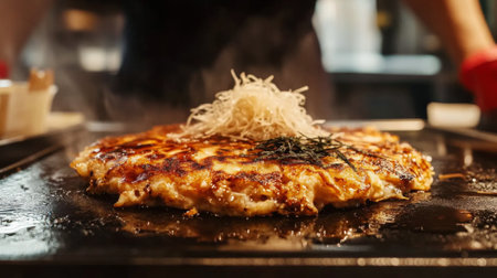Experience the sizzling sensation of okonomiyaki, a popular Japanese savory pancake grilled to perfection with fresh ingredients and garnished delicately.の素材