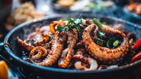Discover a vibrant plate featuring grilled octopus garnished with fresh herbs and spices, perfect for a culinary delight that excites the palate.の素材