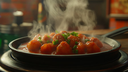 A vibrant dish of steaming food served in a sizzling pan, showcasing fresh ingredients and rich flavors, perfect for culinary enthusiasts and food lovers.の素材