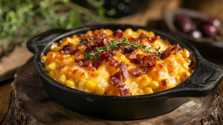 A warm, inviting skillet of delectable baked macaroni with cheese and crispy bacon. Perfect for comfort food lovers and culinary enthusiasts alike.の素材