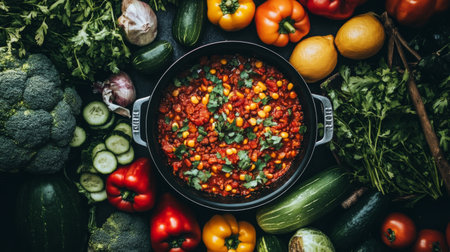 A vibrant display of fresh vegetables and a rich stew in a cooking pot, showcasing healthy ingredients perfect for a nutritious meal. Ideal for food photography.の素材