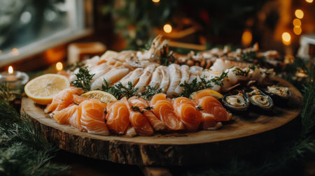 A beautiful assortment of seafood arranged on a rustic wooden platter, featuring slices of salmon and garnished with herbs and citrus, perfect for special occasions.の素材