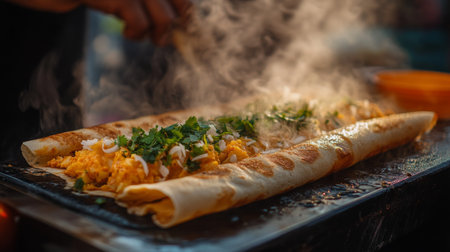 A freshly cooked dosa filled with herbs and spices, creating an appetizing sight at a bustling street food stall, showcasing culinary tradition and vibrant colors.の素材