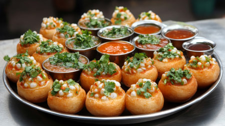 Experience the vibrant taste of pani puri, a popular Indian street snack. This platter features crispy puris filled with spicy and tangy sauces.の素材