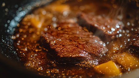 Close-up of sizzling beef slices cooking in a pan with aromatic sauce and vegetables, showcasing the mouthwatering process of preparation and flavor.の素材