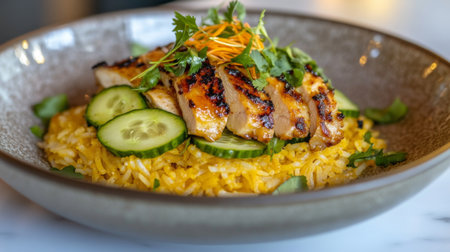 A vibrant dish featuring grilled chicken atop seasoned rice, garnished with fresh cucumbers and herbs, showcasing a colorful and appetizing presentation.の素材