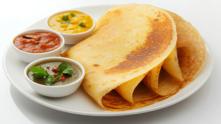 A plate of crispy dosa accompanied by three flavorful chutneys and sambar, showcasing the vibrant colors and textures of this popular Indian dish.の素材