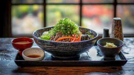 A delicious serving of fresh soba noodles topped with vibrant green garnish and colorful vegetables. Perfect for a healthy meal in a cozy setting.の素材
