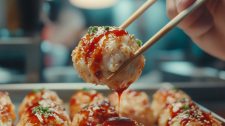 A close-up of freshly made takoyaki, showcased on a platter. Served with drizzles of savory sauce and sprinkled with sesame, this Japanese delicacy is perfect for snacking.の素材