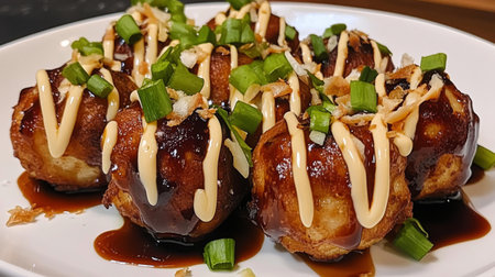 Enjoy a visually appealing plate of takoyaki balls drizzled with sauces and garnished with green onions, perfect for capturing the essence of Japanese cuisine.の素材
