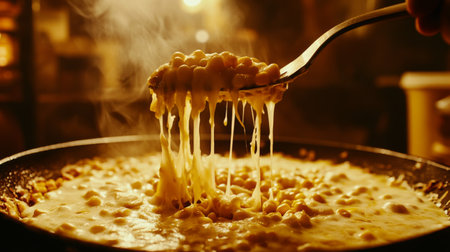 A close-up shot of a fork lifting cheesy pasta from a pan, showcasing steam rising in a cozy kitchen setting. Perfect for food and cooking themes.の素材
