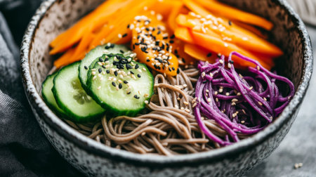 A vibrant soba noodle bowl featuring fresh vegetables like cucumber, carrot, and purple cabbage, garnished with sesame seeds for a healthy meal option.の素材