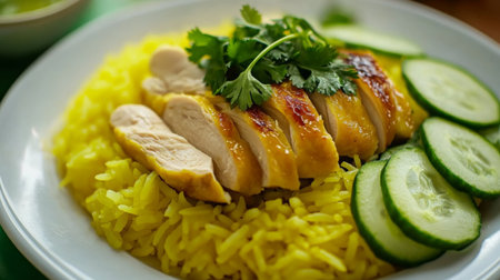 A vibrant plate featuring sliced chicken served over fluffy yellow rice, accompanied by fresh cucumber slices and herbs for a delightful presentation.の素材