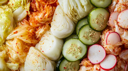 Explore a colorful array of pickled vegetables, featuring vibrant cabbages, cucumbers, and radishes. Perfect for healthy meals or tasty snacks.の素材