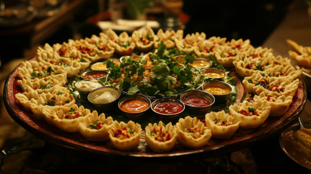 A stunning display of Indian street food featuring a vibrant platter filled with crispy cups, various sauces, and fresh herbs, perfect for sharing.の素材
