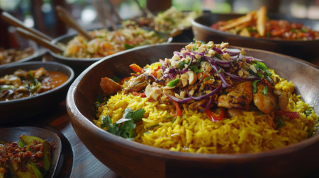 Experience a vibrant platter featuring aromatic rice topped with seasoned chicken, fresh vegetables, and spices, perfect for any meal occasion.の素材