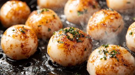 Indulge in these delicious grilled dumplings, perfectly seasoned with herbs and spices. Ideal for culinary projects focused on food, cooking, and flavors.の素材