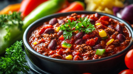 A vibrant bowl of chili featuring fresh ingredients like beans, meat, and colorful vegetables. Perfect for a comforting meal or gathering.の素材