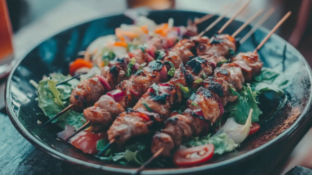 A mouthwatering plate of skewered meat served with fresh vegetables, highlighting vibrant colors and inviting presentation, perfect for any meal.の素材