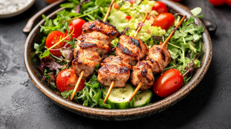 A vibrant dish featuring grilled skewers served over a fresh salad with tomatoes, cucumbers, and greens, perfect for any healthy meal or gathering.の素材