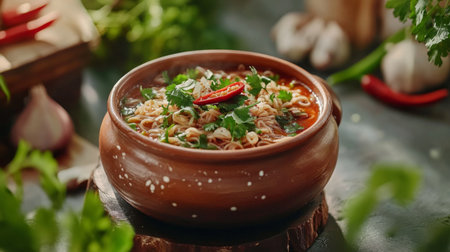 A vibrant bowl of savory noodles adorned with fresh herbs and chili, perfect for a cozy meal. Ideal for showcasing home-cooked comfort food.の素材
