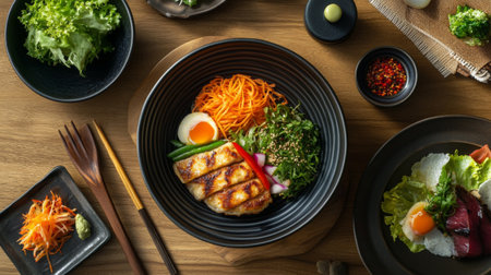 A beautifully arranged bowl featuring grilled chicken, fresh vegetables, and colorful sides, ideal for showcasing healthy and vibrant cuisine.の素材