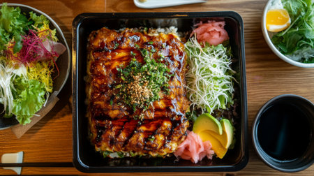 A tempting bowl of grilled chicken served over rice, surrounded by fresh vegetables and colorful salad, highlighting delicious flavors and textures in a gourmet presentation.の素材