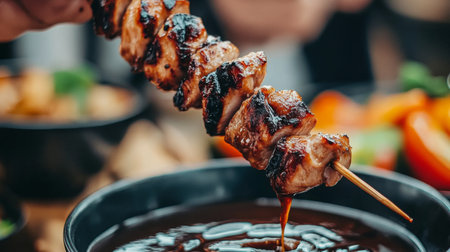 Juicy grilled skewers are dipped in a savory sauce, showcasing a mouthwatering culinary experience perfect for gatherings, outdoor barbecues, or special occasions.の素材