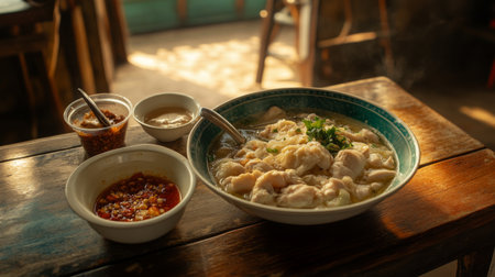 A steaming bowl of dumpling soup garnished with herbs and served with dipping sauces. Perfect for a cozy meal or a comforting dining experience.の素材
