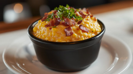Indulge in a delicious bowl of creamy macaroni and cheese topped with crispy bacon, perfect for comfort food lovers. A mouthwatering meal option!の素材