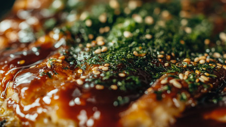 A close-up view of a savory dish enhanced with rich sauce and vibrant green toppings. Perfect for culinary articles or food blogs, showcasing delicious flavors.の素材