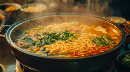 A steaming hot pot filled with vibrant vegetables and noodles, perfect for a cozy meal. Experience the warmth and flavors of this delicious dish.の素材