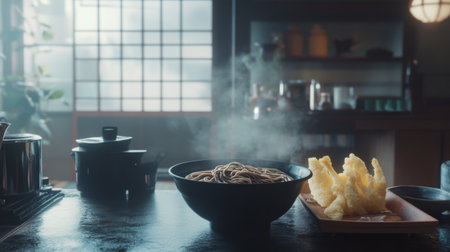 A steaming bowl of soba noodles paired with golden tempura, presented in a modern Japanese kitchen. Perfect for culinary enthusiasts and food lovers.の素材