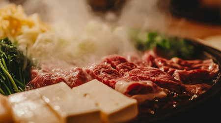 A close-up of fresh ingredients for a hot pot meal, featuring tender meat slices, vibrant vegetables, and tofu. Perfect for a cozy dining experience.の素材