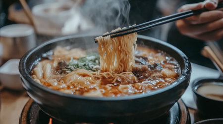 A steaming bowl of noodles being lifted from a flavorful hot pot with chopsticks. The rich broth and fresh ingredients create a delicious and inviting meal.の素材
