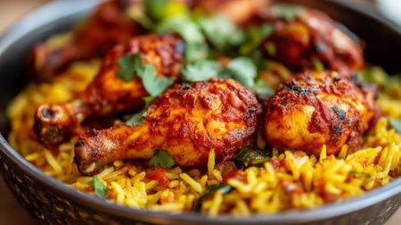 A vibrant bowl of spiced rice topped with juicy, flavorful chicken drumsticks garnished with fresh herbs, showcasing a delicious and inviting meal.の素材