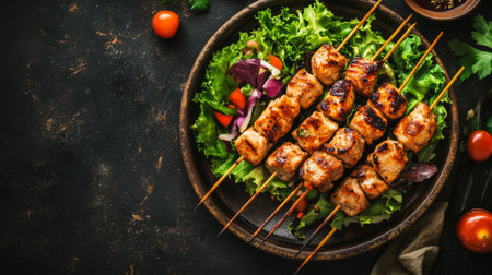Savor the flavor of grilled chicken skewers served on a bed of fresh greens and vibrant vegetables, perfect for a healthy meal or outdoor gathering.の素材