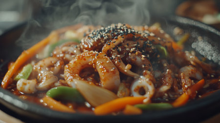 A vibrant seafood dish with colorful vegetables cooked to perfection on an iron plate. The steam rises, showcasing savory flavors and enticing aroma.の素材