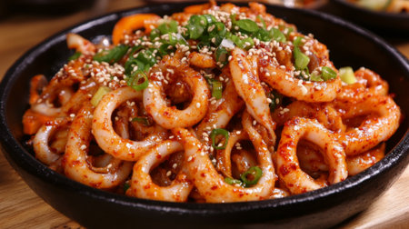 A vibrant dish of spicy squid, garnished with sesame and fresh green onions. Perfect for culinary enthusiasts seeking flavor and presentation.の素材