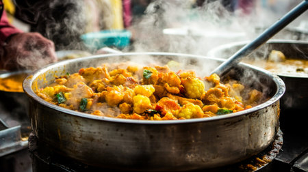 Enjoy a vibrant scene of freshly cooked vegetables steaming in a pot, showcasing the rich colors and flavors of street food cooking.の素材