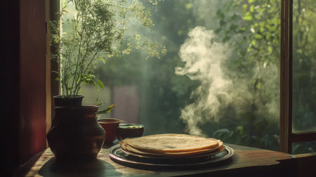 A cozy kitchen scene featuring freshly steamed flatbread on a wooden table by the window, surrounded by greenery and warm sunlight.の素材