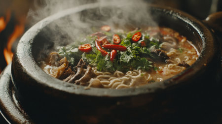 A steaming bowl of hot pot filled with fresh ingredients, spices, and vibrant herbs, capturing the essence of comfort food and culinary delight.の素材