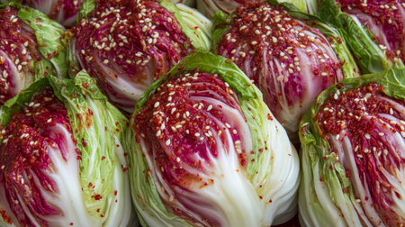 Vibrant napa cabbage heads coated with spicy red seasoning and sesame seeds, presenting a fresh and appetizing look for culinary inspiration.の素材