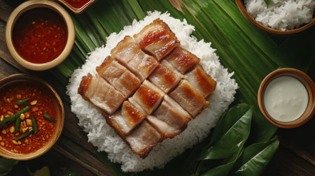 A delicious meal featuring succulent pork belly served on a bed of rice. Accompanied by flavorful sauces, this dish offers a vibrant and appetizing presentation.の素材