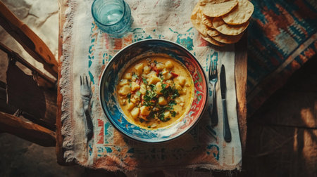 A vibrant bowl of soup adorned with fresh herbs and accompanied by crispy tortillas, set on a rustic table for a cozy dining experience.の素材