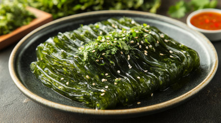 Enjoy a vibrant seaweed salad topped with sesame and fresh herbs. This dish showcases the rich texture and flavors, perfect as an appetizer or side.の素材