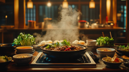 A vibrant hot pot scene showcasing fresh ingredients, steam rising from flavorful broth, creating a warm and inviting atmosphere for gatherings.の素材
