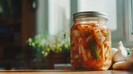 Vibrant homemade kimchi in a glass jar captures the essence of fermentation. This healthy, flavorful dish is a staple in Asian cuisine, perfect for meals.の素材