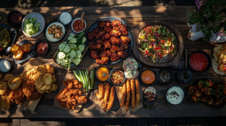 A vibrant assortment of fried foods and dips arranged beautifully on a rustic wooden table. Perfect for gatherings, parties, or outdoor feasts.の素材